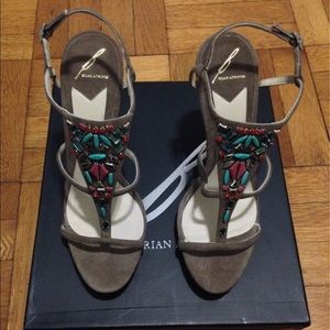 B Brian Atwood Suede Jeweled Heeled Sandals